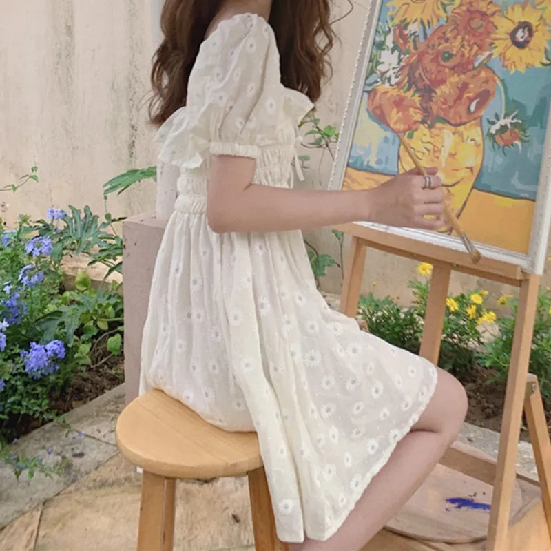 Korean Style Floral Ruffled A-Line white flowy dress...