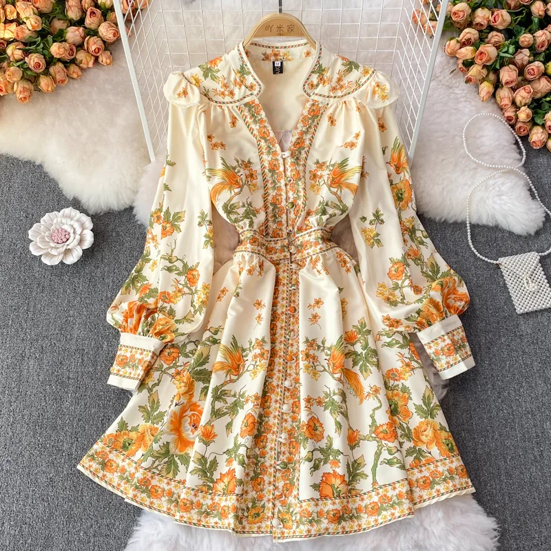 Primavera novo estilo retrô barroco feminino com decote em V lanterna manga longa estampado de flores vestido evasê curto MLXLXXL