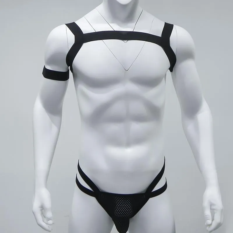 Staniki stałki bielizny męskie stringi uprzężę Zestaw nadwozia paski na klatkę piersiową Bondage G-string seksowny wysoki elastyczny pasek jockstrap z potężnym kostiumem klubu nocnego