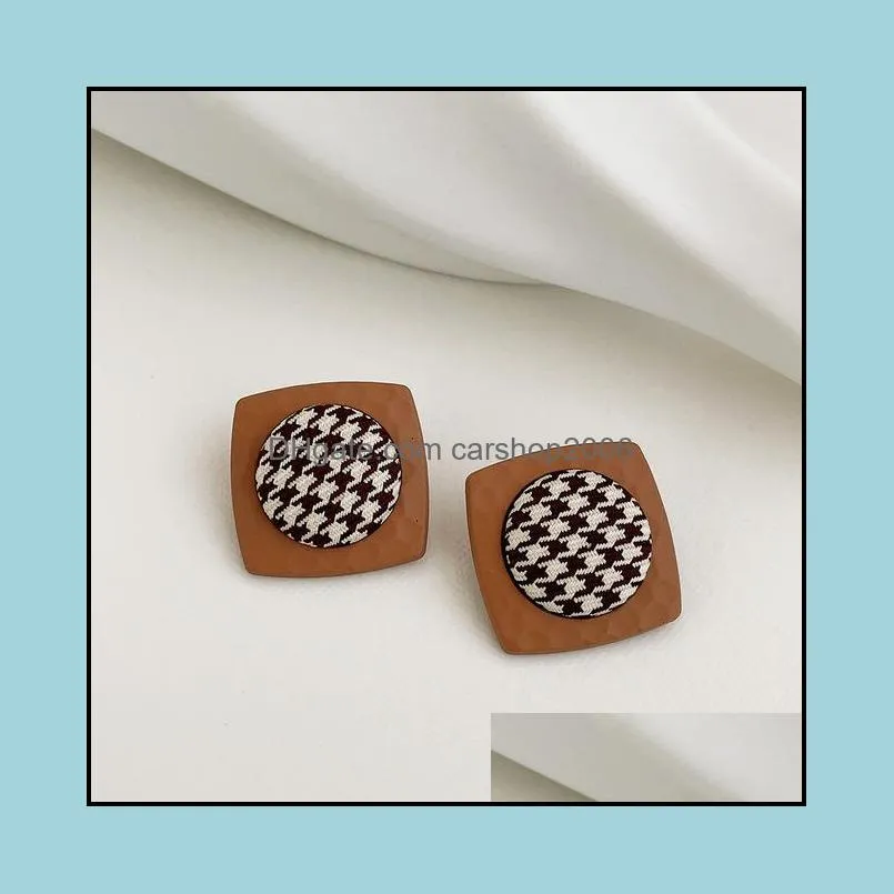 elegant black white plaid geometric stud earring for women 2021 chic metal square dangle earrings korean winter jewelry