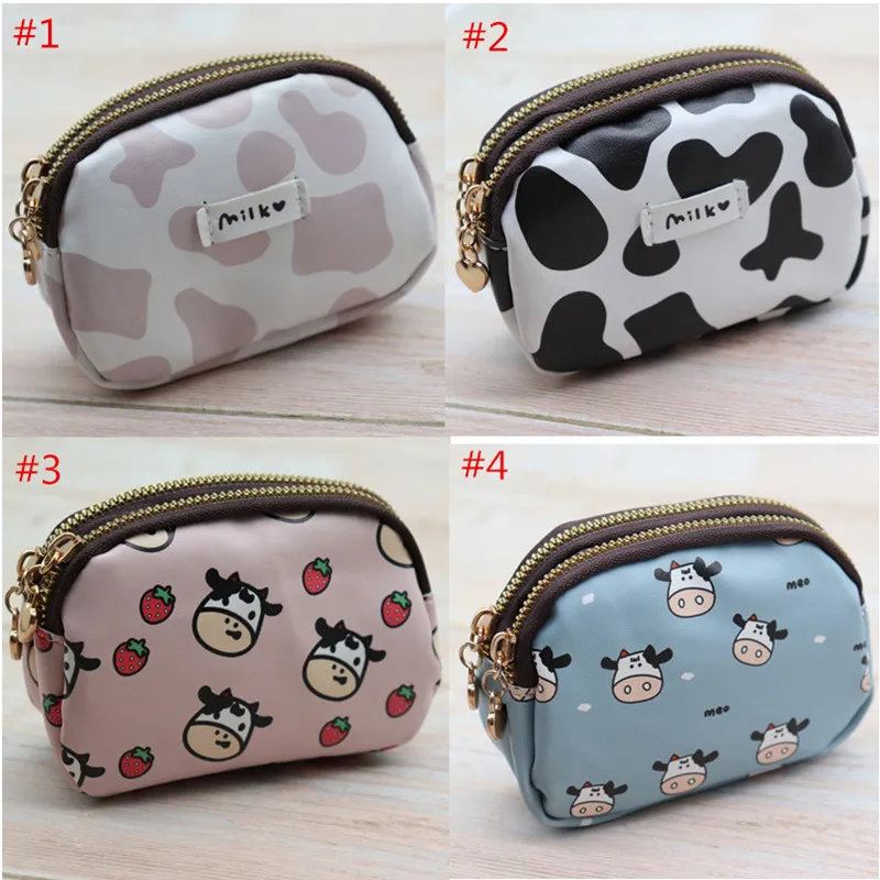 Fashion Cow Stria Printed Coin Purse Large Capacity Double Zipper Wallets Cute Students Girls Storage Bag ID Bank Card Holder PVC Wallets Lovely
