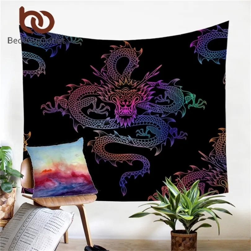 Beddingoutlet Dragon Totem Tapestry Wall Hanging Colorful Decorative Wall Art Chinese Myths Bed Breads Black Sheet 150x200cm T200601