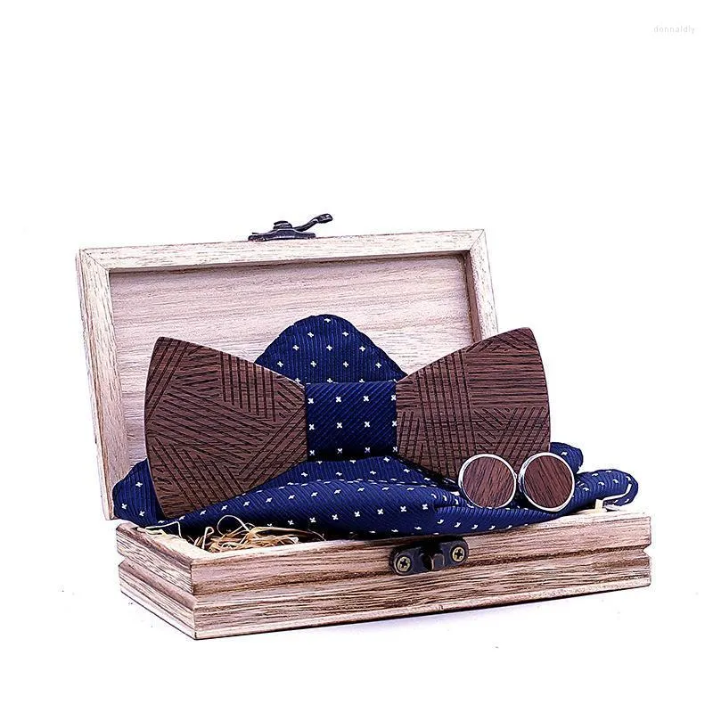 Noeuds papillons Vintage en bois Bowtie Pocket Square Boutons de manchette Set pour hommes Mouchoir de mariage Cravate en bois Noeud Paperon Man Corbas Donn22