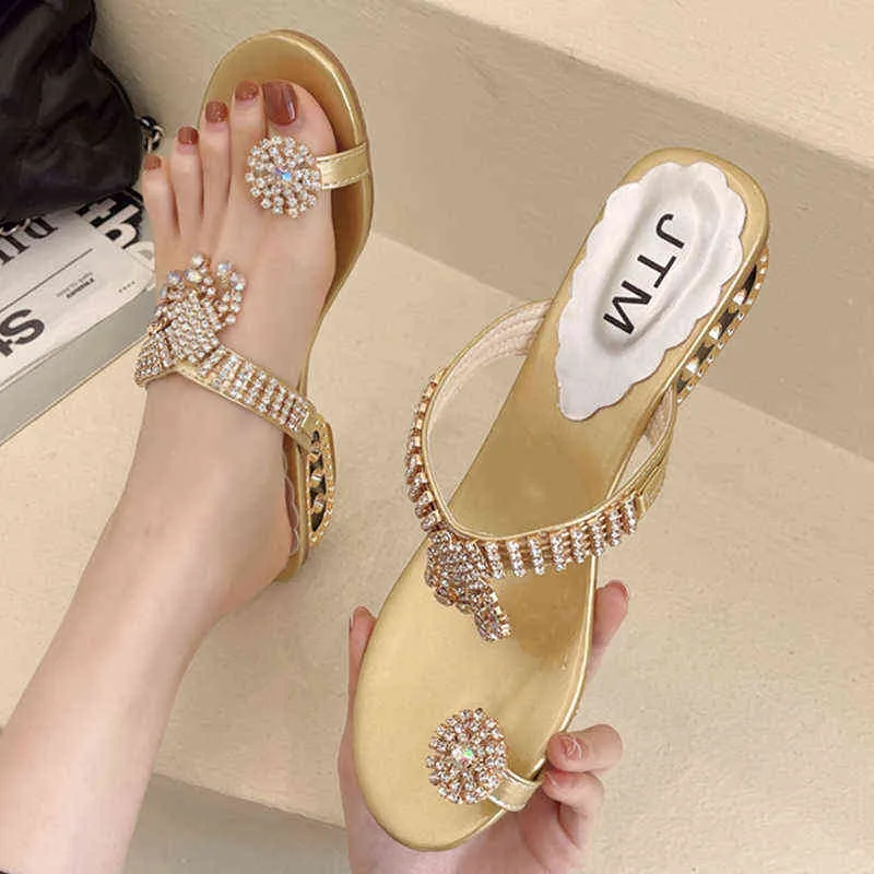 Sandales de luxe cristal Clip Toe pantoufles femmes 2022 été frange talons bas femme diapositives épaisses Mujer 220419