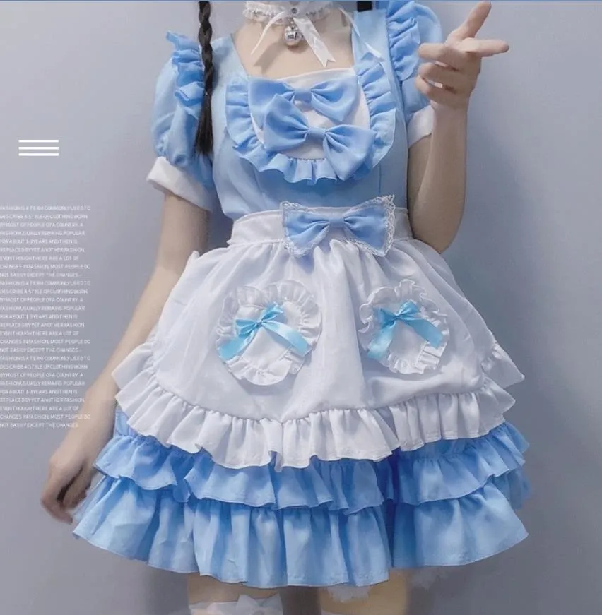 Anime Maid Förkläde Kostymer Lolita Fancy Dress Cosplay House Dam Sweetheart Klänning Huvudbonader Halsband Set Blå Rosa Svart