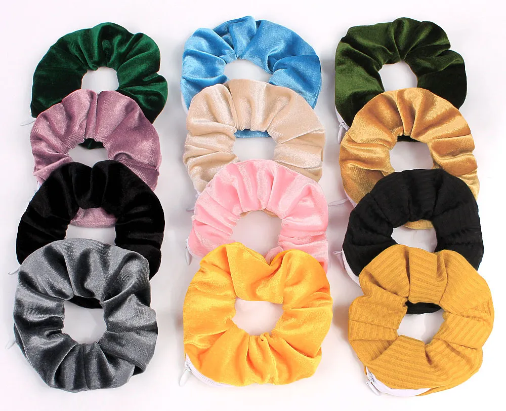 Scrunchies Mulheres Scrunchy Elastic Anel Bandas de Cabelo Meninas Girls Titular Velor Headwear Grande Cabelo Gravatas Zipper Saco Pequeno Dança Scrunchie Hairband