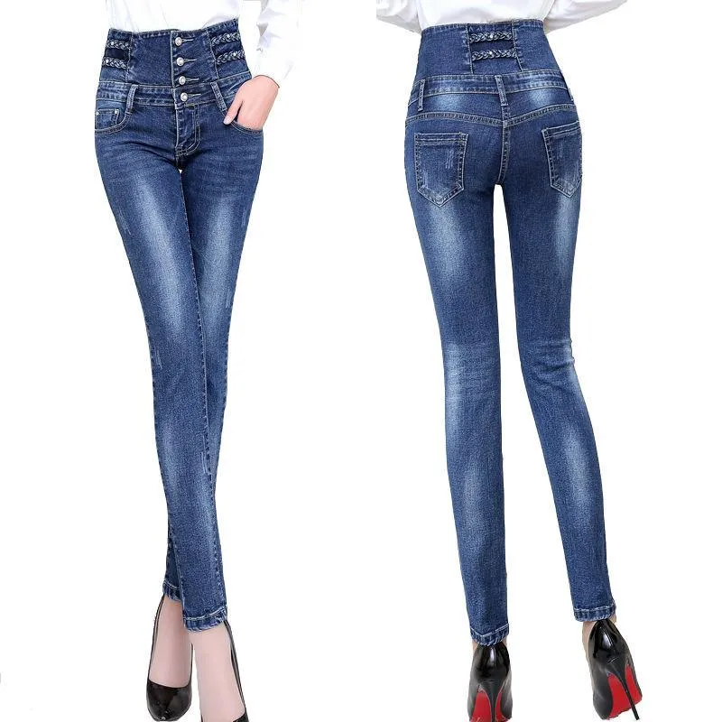 Jeans para mujer Mujer Otoño Invierno Plus Terciopelo Engrosamiento Estilo coreano Cintura alta Pecho Pecho Apretado Elasticidad Pantalones de lápiz fino