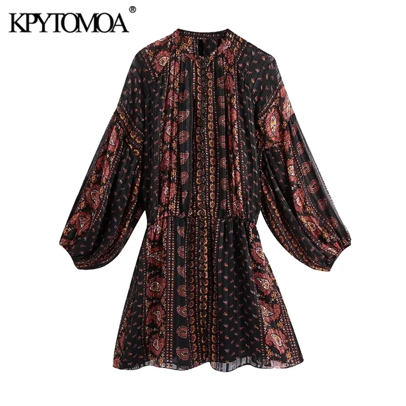 Kobiety moda z guzikami Paisley Print Mini sukienka Vintage Puff Sleeve Elastyczne talii sukienki Kobiece Vestidos 220526