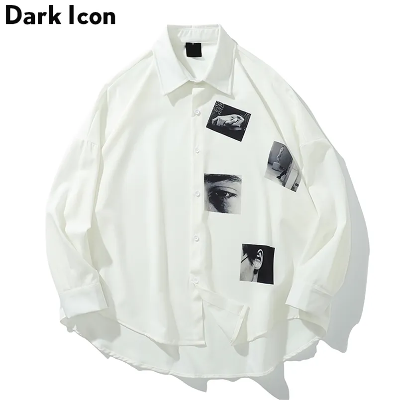 Ícone escuro impresso camisa de grandes dimensões homens verão turn-down colarinho camisas masculinas de manga de três quartos para homens 220326