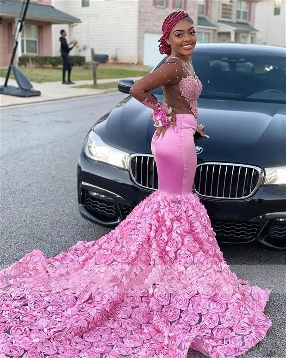 Pink mermaid sales style prom dress