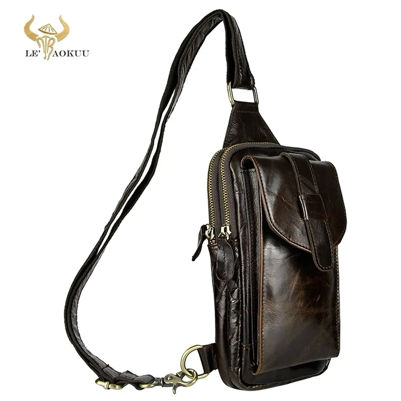 Top Qualité Hommes Véritable Véritable Cuir de vachette Vintage Wait Chest Pack Sac Sling Sac à bandoulière Daypack XB571 201118