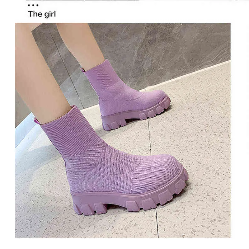 2022 Women Purple Knitted Ankle Boots Thick Soles Casual Large Spring New Women's Socks Boots Ladies Botas De Mujer Shoes Y220729