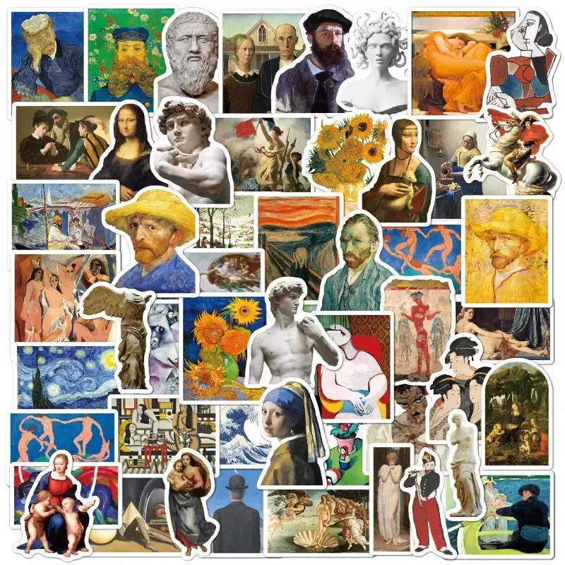 52PCS klassische ÖlgemäldeKunst Aufkleber Van Gogh Mona Lisa Aufkleber Matisse Stil Kunst Graffiti Aufkleber Pack für Moto Auto Koffer Laptop Aufkleber Großhandel