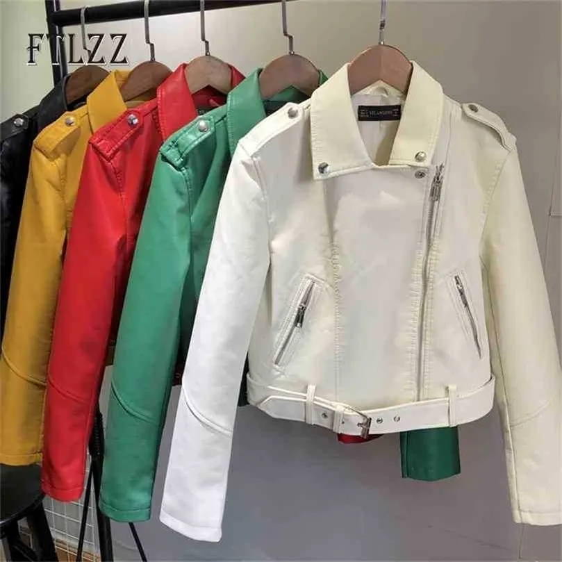 Veste en cuir Faux Femmes Slim Court Manteau Dames PU Moto Biker Punk Noir Blanc Vert PVC Vêtements d'extérieur 210525