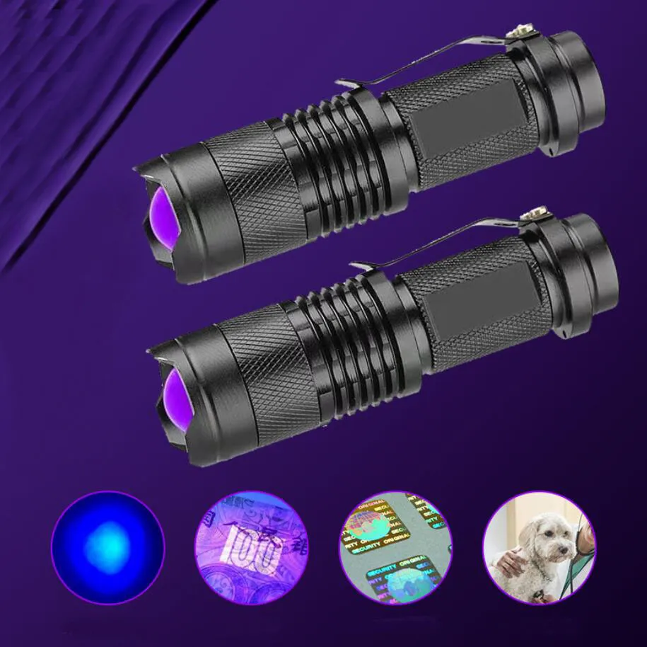 LED UV Flashlight Ultraviolet Torch With Zoom Function Mini UV Black Light Pet Urine Stains Detector Scorpion Hunting