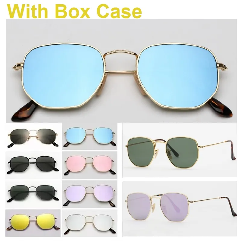 heigh Quality 51mm Metal Metal Plat UV400 Hexagon Flat Sunglasses Women Men Vintage Retro Brand Design Sun Glasses Oculos de Sol Gafas with box case