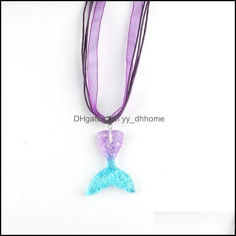 Mermaid Fish Tail Necklace Beauty Gardient Color Resin Fish Tail Pendant Ribbon Necklace Best Gifts Design Jewelry For Girls Women