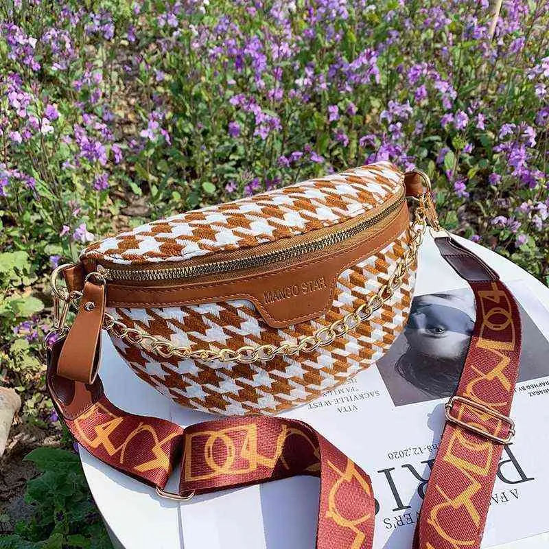 HBP Crossbody Bag Elegant Houndstooth Plaid Chain Waist s for Women Stylish Canvas Packs Female Fanny Pack Wide Band Chest 220727