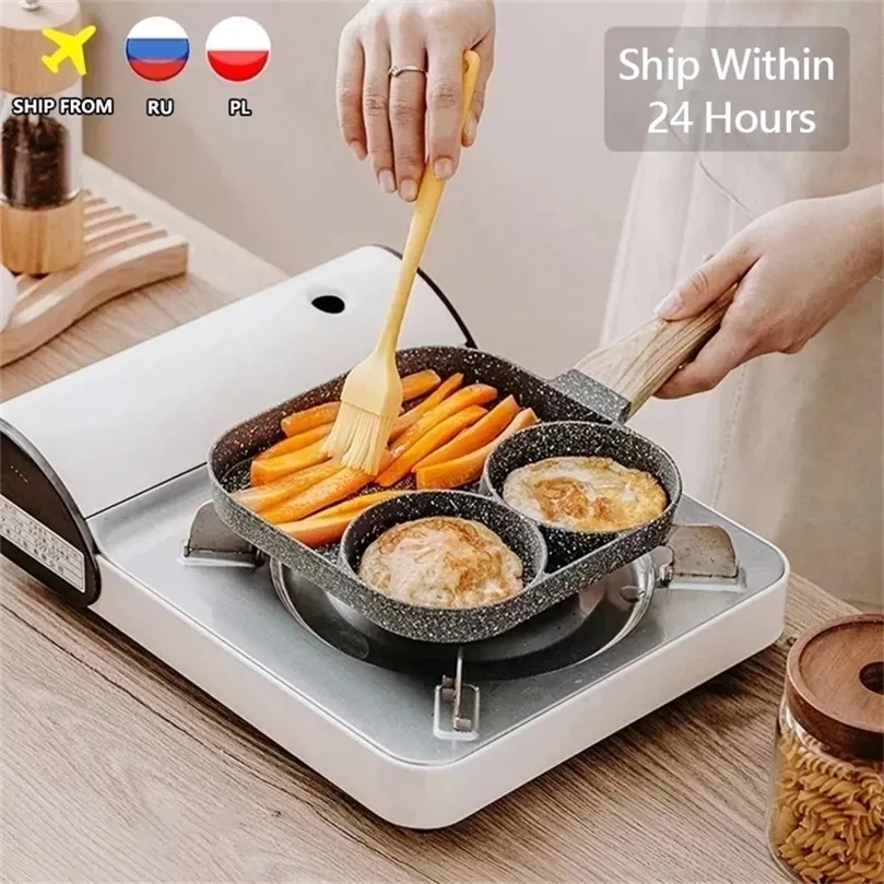 2/4 Hole Frying Pot Thickened Omelet Pan Black Non-stick Egg Steak Ham Pancake Wooden Handle Kitchen Cooking Breakfast Maker 220423