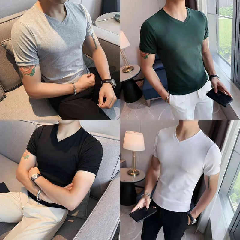 2022 Hommes T-shirts Mode Automne Hiver À Manches Courtes Col En V T-shirts Hommes Slim Fit All Match Doux Velours Loisirs T-shirt S-3XL Y220606