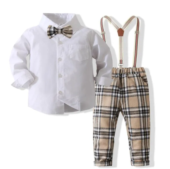 Baby Girls Gentleman Style Clothings Setes Spring Autumn Kids White Slave Long Slave com Bowtie Suspender Praid Pants 2pcs Conjunto de crianças roupas de menino