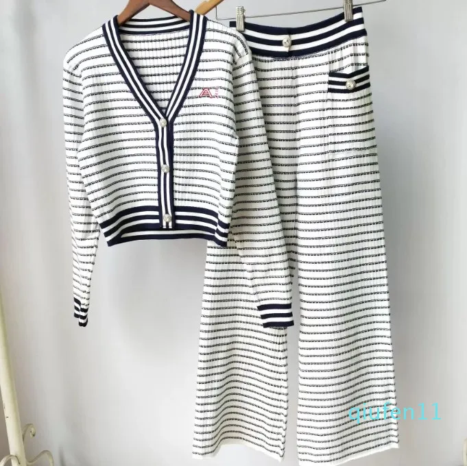 2022- Autumn White Striped Embroidery Women's Two Pieces Sets Brand Same Style Two Piece Dress