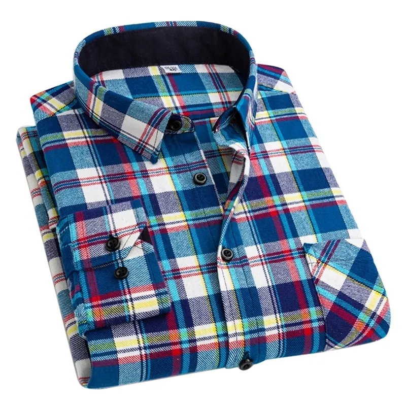 AOLIWENブランドの男性100％綿フランネルを覆った格子縞の男性用の長袖シャツは、ブラウスとシャツCamisa Hombre 220326ボタンボタン