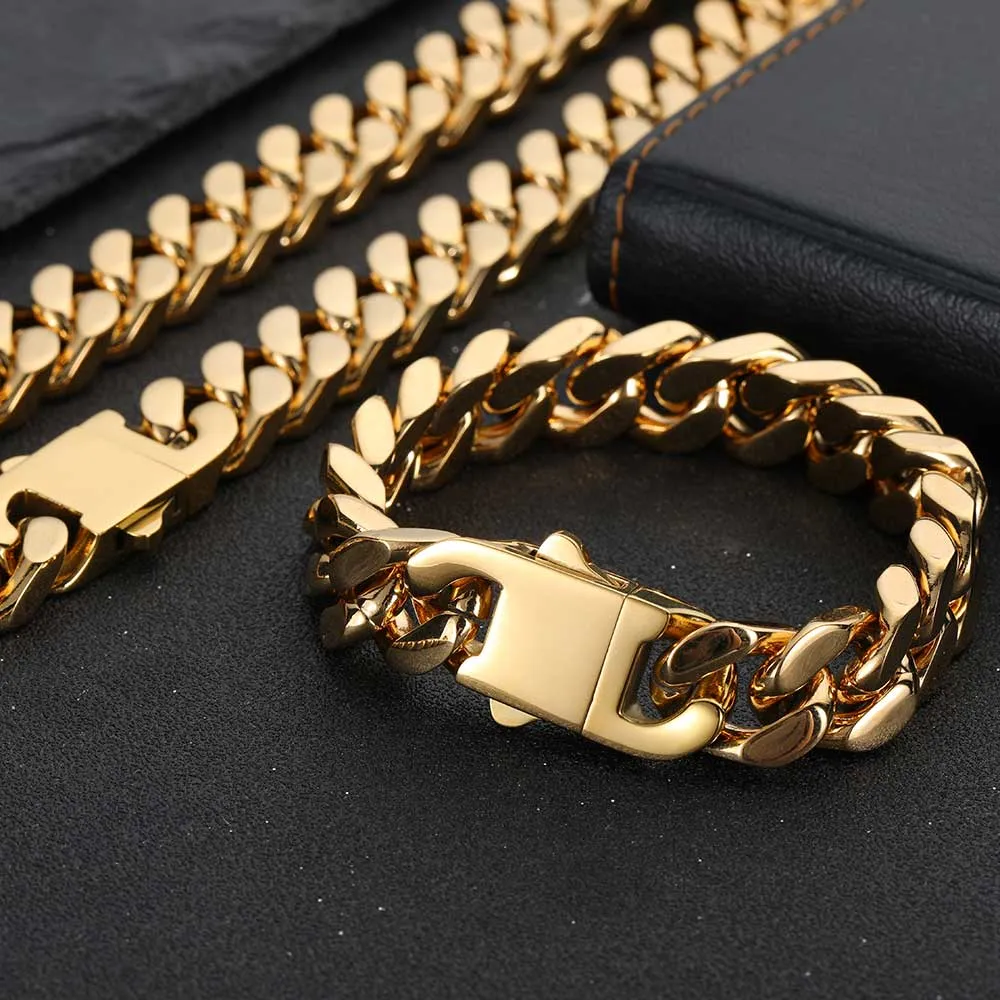 18K Gold Plated Cuban Link Chain Thick Gold Chain Necklace And Bracelet Set With Spring Buckle Heavy Stainless Steel Metal Jewelry For Boys And Girls With Unique Design From Hyfjewelry 14.5