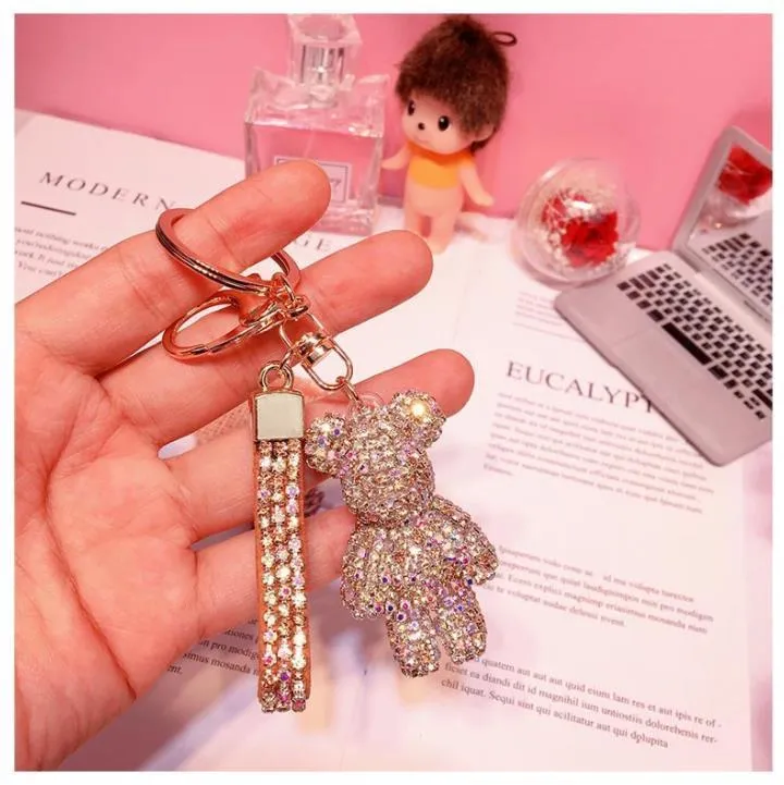 Party Favor Key Ring PVC Keychain DIY Craft Cartoon Bear Handmade Rhinestone Crystal Key Chains Charm Pendant Keychains For Women Gifts SN4873