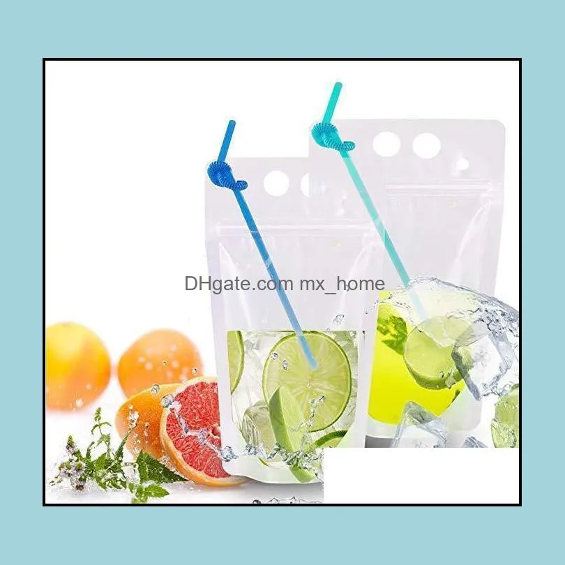 Self-sealed Transparent Plastic Shing! Straw Milk For 500ml Style Drink Juice For Handle Dhl Beverage Packaging Pouch And 4 Holes