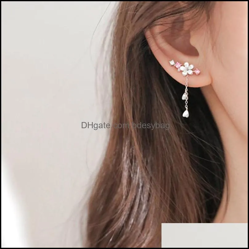 Hot Sell sterling silver Fashion Flower Cherry Blossoms Design Lady Women Drop Earrings Jewelry Gift Drop Shipping