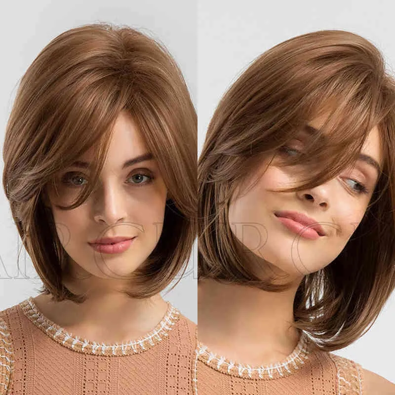 Syntetiska peruker Stil Kvinnors inverterad hårstil med Bangs Brown Short Straight Hair Wig Head Cover Hög temperatur Silk Material Daglig applikation 220527