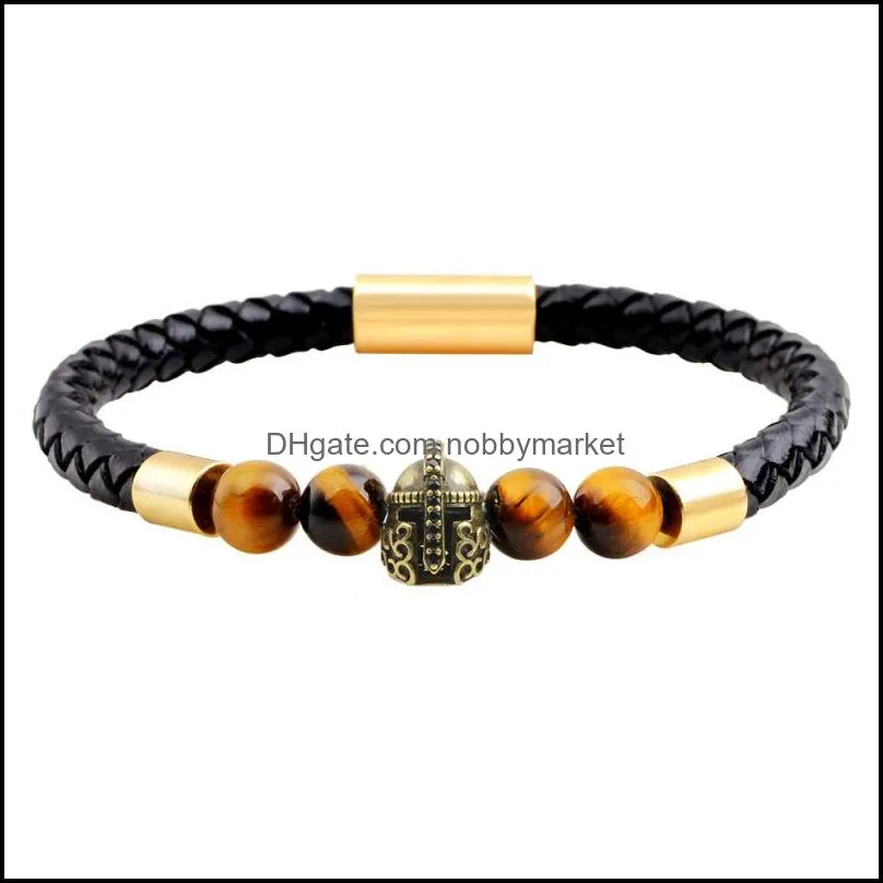 Warrior Helmet Charm Genuine Leather Bracelet Agate Tiger Eye Beads Bracelets Male Jewelry