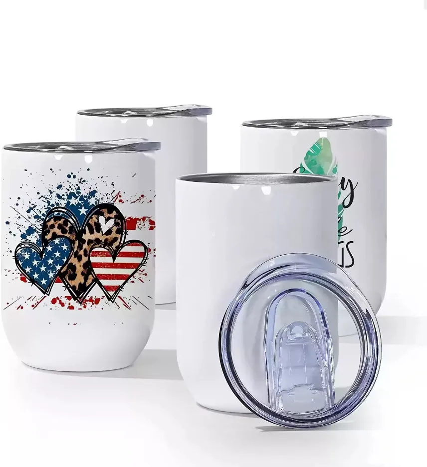 Oz Sublimation 12 gobelets à vin vierges droits en acier inoxydable tasse isolée transfert de chaleur à enveloppe complète avec couvercle coulissant anti-déversement pour boissons aux queues de café