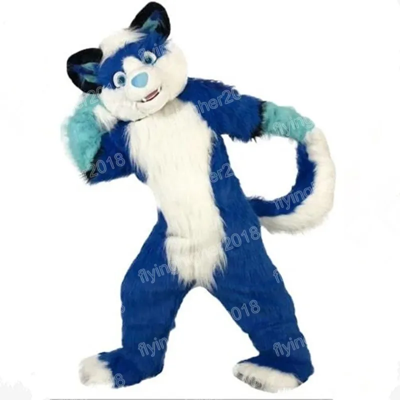 Costume della mascotte del cane Husky blu con pelliccia lunga di Halloween Personaggio dei cartoni animati a tema anime Carnevale Abito unisex per adulti Festa di compleanno di Natale Abito da esterno