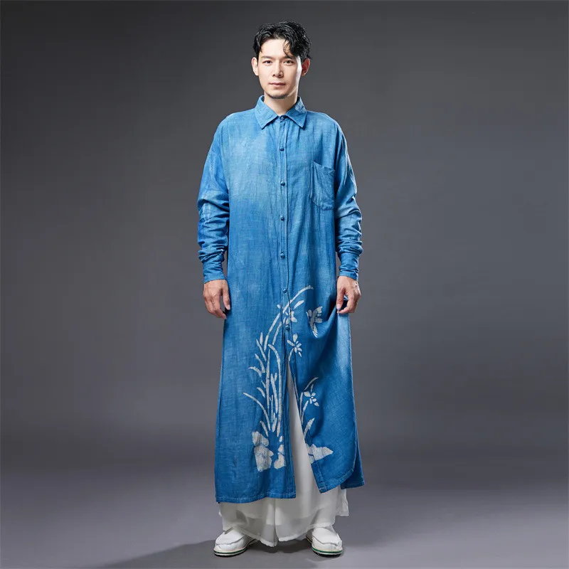 중국 스타일의 민족 의류 동양 의상 남성용 한 푸 코튼 린넨 긴 가운 남성 블루 프린트 전국 패턴 스트리트웨어 로브