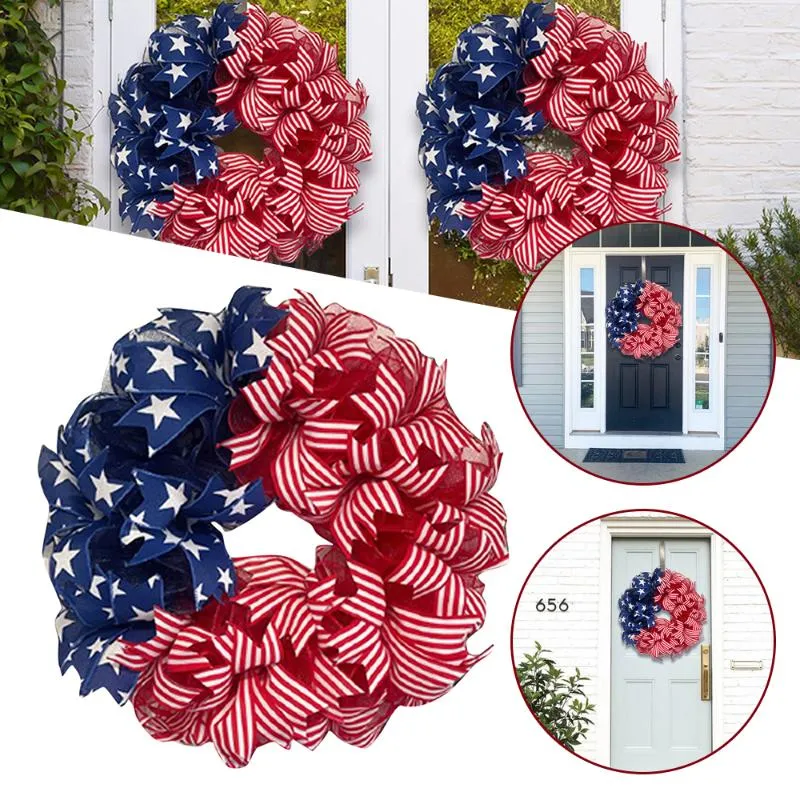 Flores decorativas grinaldas de 40 cm de coroa para a porta da frente vermelha branca e azul Garland America America Independence Day Party Festival Farmho