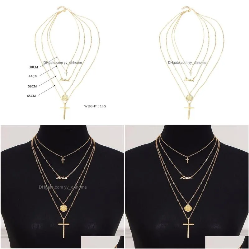 fashion jewelry multilayer chain necklace metal letters cross pendant necklace