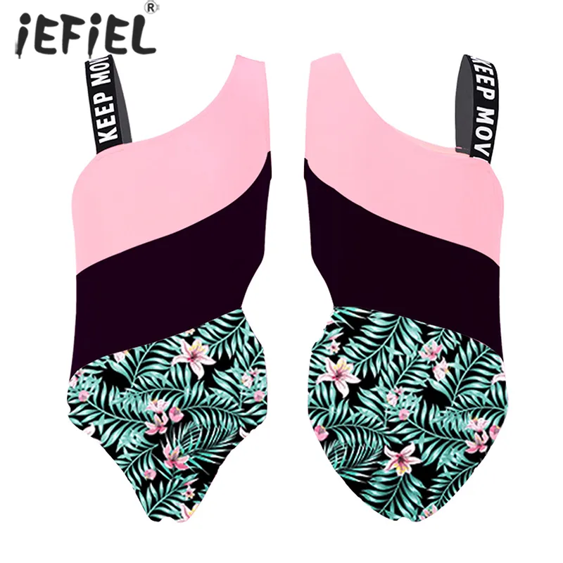 Kids Girl 1PC Swimsuit Child Asymmetrical One Shoulder Print Bathing Suit Teen Monokini Hollow Out Waist Children Swimwear 220530