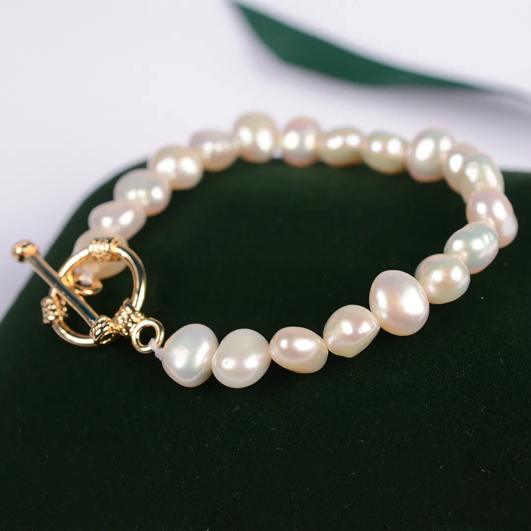 Natural 7-8mm baroque strands freshwater pearl golden OT clasp bracelet long 20cm