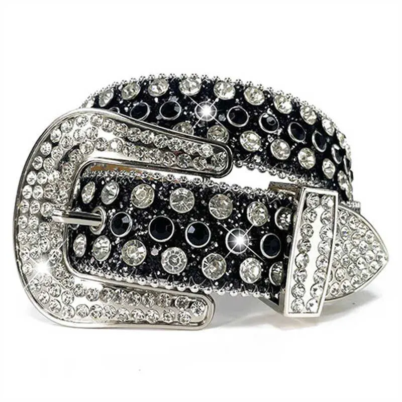 Pin Buckle feminina Europeia e Americana Correia de couro quente Moda versátil Decoração de patentes Mulheres designer Rhinestone Black