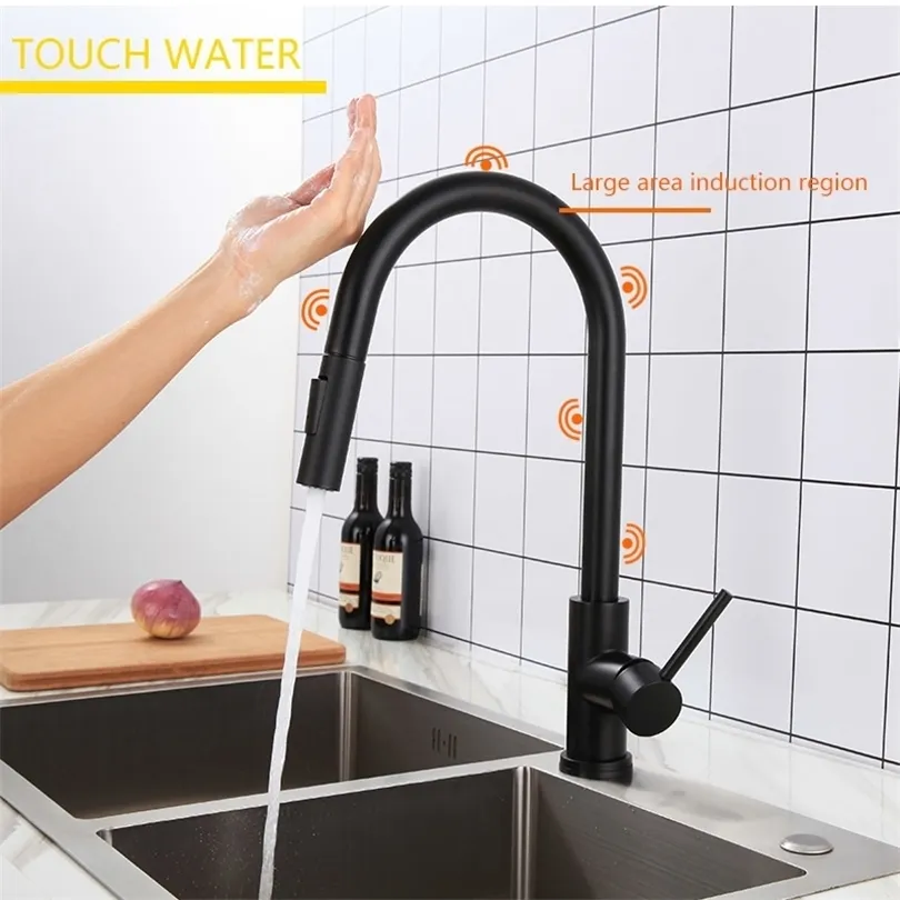 XOXO Touch Küchenarmatur ausziehen Kalt und Heißmischer Tippen Sie auf Schwarzes Gold Wasser Einhalter Wasserhahn Küche Spüle Wasserhahn 1348-1 T200424