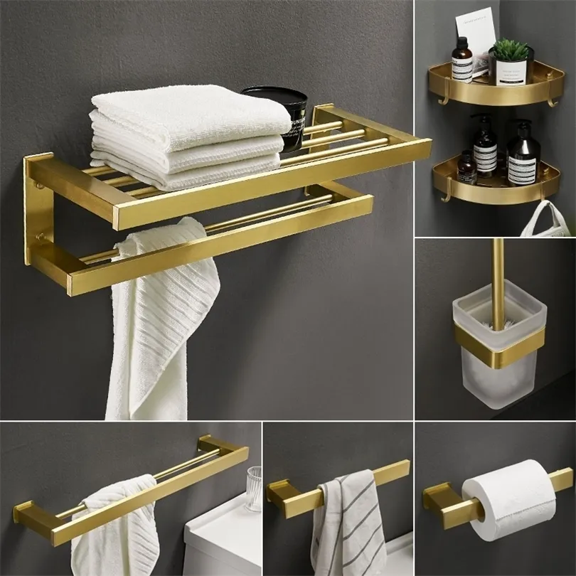 Luxe ruimte aluminium badkamer accessoires set gouden geborstelde handdoekplank nieuwe mantel papieren rek toilethouder metaal T200425