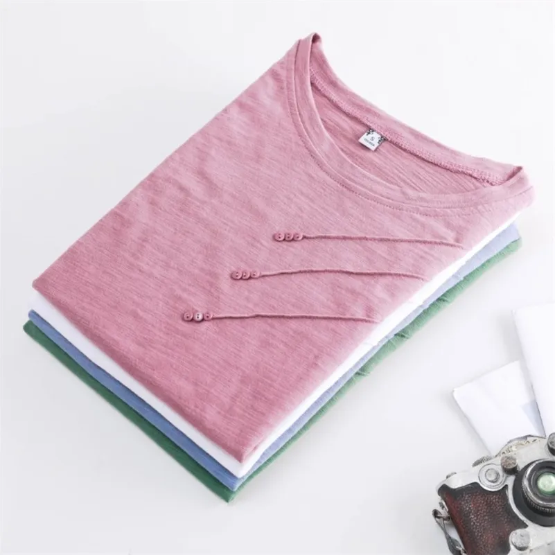 Short Sleeve Summer Women Ribbed Cotton Tee-Shirts Female Button Loose Casual Fashion T-shirts Blue O-Neck Korea Tops S-3XL 220321