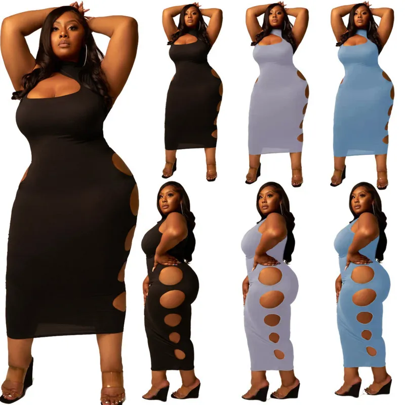 Summer Sexy Dress Womens Fashion Basic Solid Color Hole Long Dresses Plus Size Women Clothing S-4XL