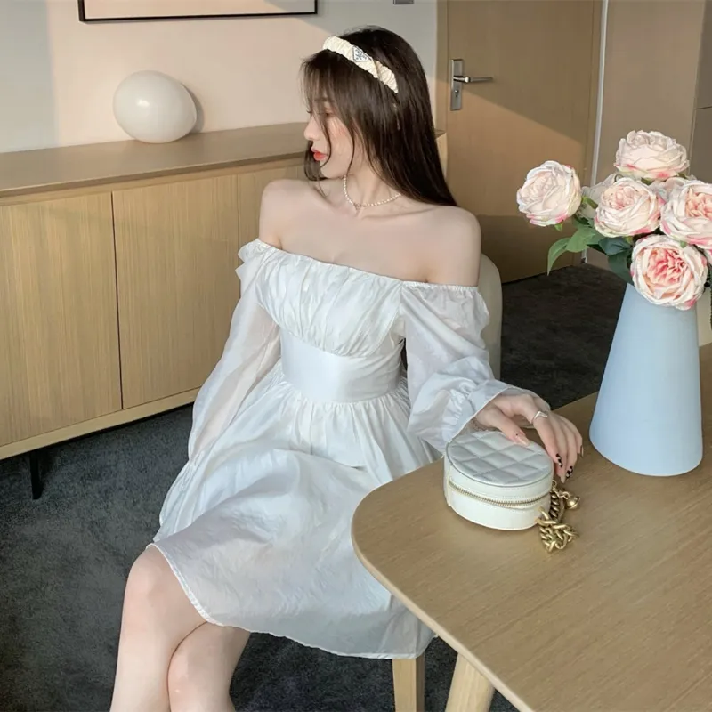 Korean style women sweet white bandeau dress high waist princess