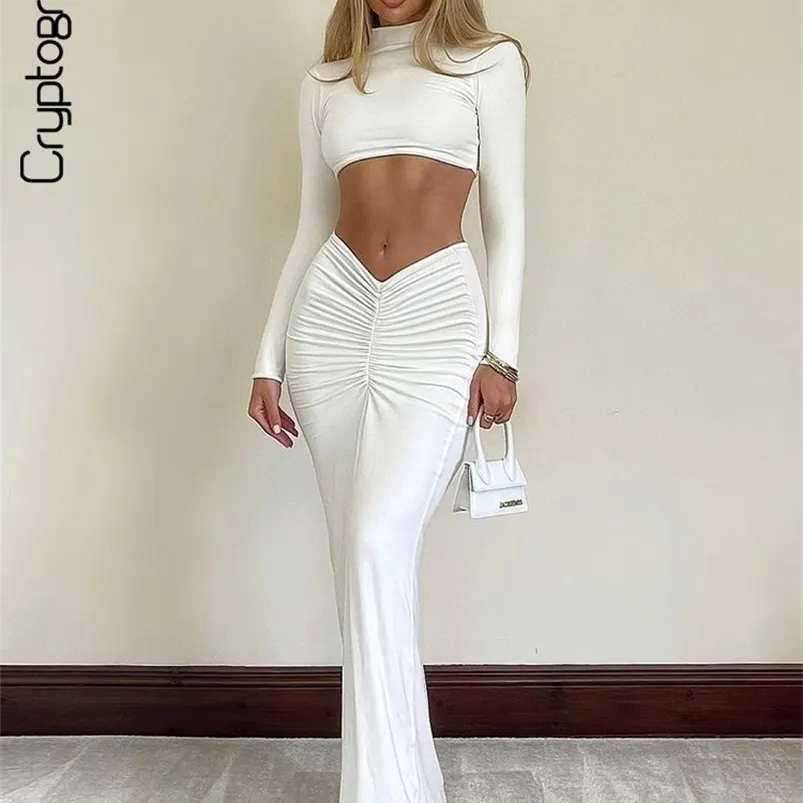 Cryptographic Elegant White Sleeve 2 Piece Set Outfits for Women Club Party Top and Dress Long Ruched Matching Sets 220805