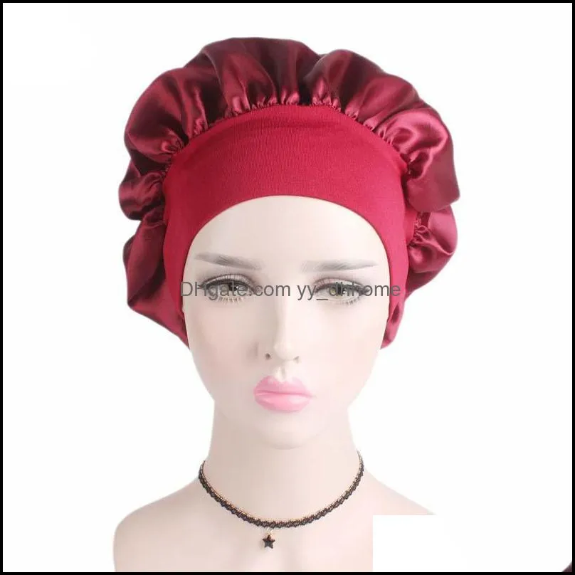 solid color women satin sleep caps hair care bonnet night hat headwear wide shower elastic headwrap