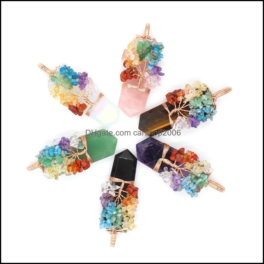 JLN Natural Crystal Life Tree Pendant Chip Gemstone Wire Wrapped Quartz Sword Shape Hexagon Prism Amulet Charm With Brass Chain