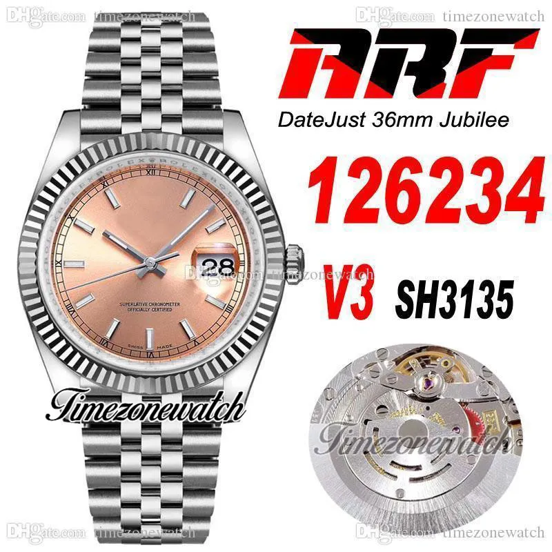 ARF V3 126234 36mm Cal SH3135自動メンズウォッチ溝付きベゼルピンクスティックダイヤル904L JubileSteelブレスレット904L JubileSteelブレスレットSuper Edition TimeZoneWatch R06